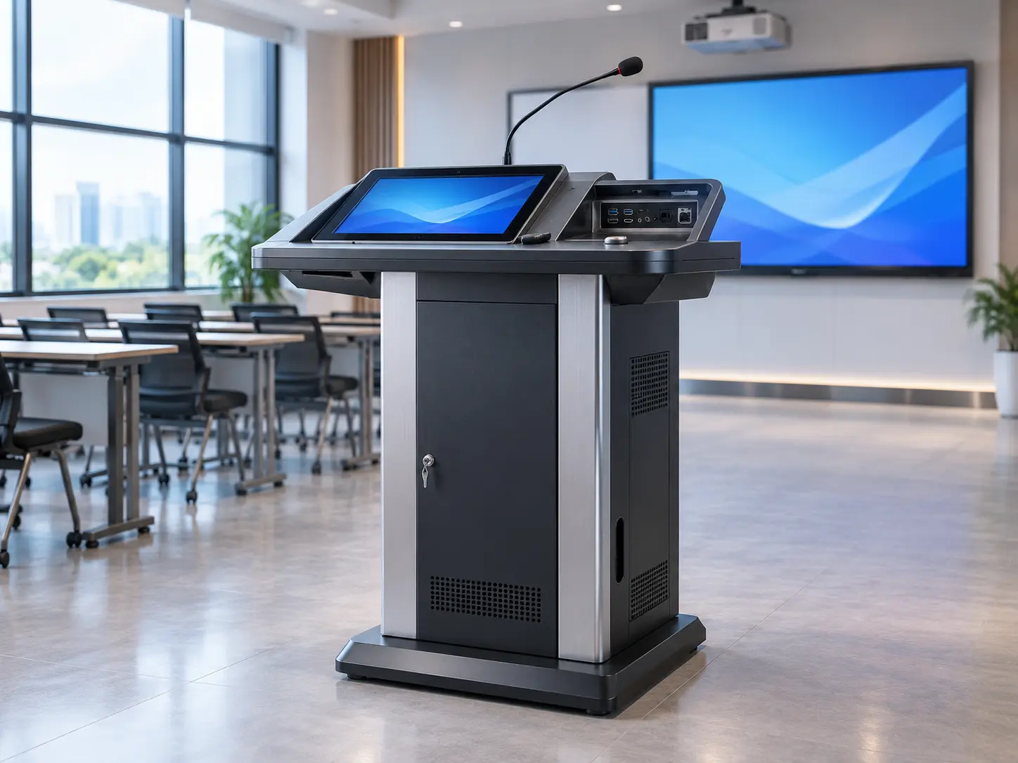 Digital podium with touch display, microphone and AV connectivity in a smart classroom